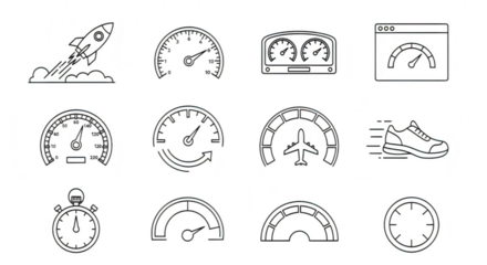 A collection of speed and performance related icons including a rocket launch, various speedometers, a stopwatch, and a running shoe isolated on transparent background