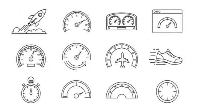 A collection of speed and performance related icons including a rocket launch, various speedometers, a stopwatch, and a running shoe isolated on transparent background