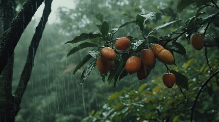 Ripe citrus fruits hang from a branch during a tropical rain.