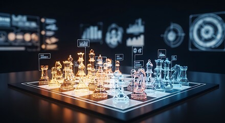 Digital Chessboard Strategy with Futuristic Data Visualization , Technological Chess Game with Information Overlay and Modern Design