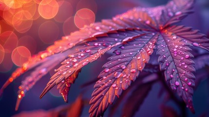 Purple and Green Cannabis Leaf with Dewdrops and Trichomes in Morning Bokeh