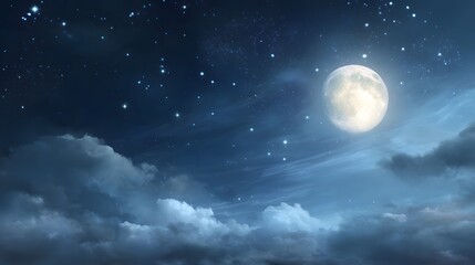 Full moon shining through clouds at night.