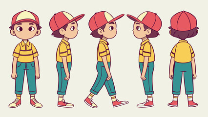 Naklejka premium Young Boy Character Design in Multiple Poses with Colorful Clothing and Hat