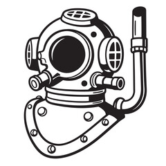 Vintage diving helmet detailed illustration in black and white representing exploration and underwater adventures