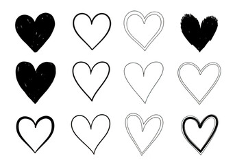 A collection of handdrawn heart shapes in various styles, isolated on a transparent background