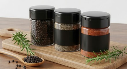 Three glass spice grinders with black lids and labels on a wooden board with rosemary