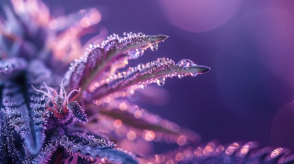 Close Up Cannabis Bud Glowing with Dew Trichomes in Gothic Style Macro Setting