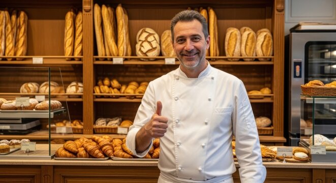 A smiling baker in a white chefs coat gives a thumbs up in front of shelves filled with fresh bread and pastries in a bakery