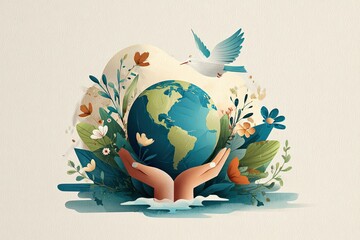 Earth held in hands, surrounded by flora and fauna.  A gentle depiction of environmentalism