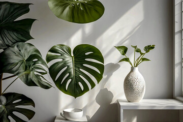 Monster leaves in a minimalist interior. The leaves feature dewdrops that shimmer in the natural light of day, creating a very realistic effect. The soft bokeh background.