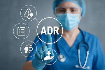 ADR. ADR Adverse Drug Reaction Medicine Pharmacy Education concept. Pills side effect