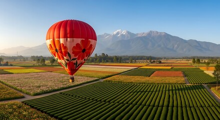 Obraz premium Vibrant Hot Air Balloon Drifting Above Colourful Patchwork Fields and Majestic Mountains