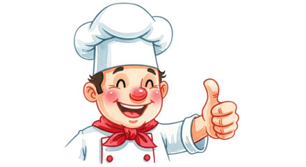 A happy cartoon chef with a red nose and a chefs hat gives a thumbs up, isolated on a transparent background