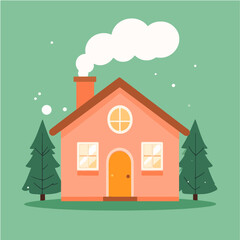 A charming, flat design illustration features a cozy peach-colored house with smoke rising from the chimney, flanked by evergreen trees against a soft green background with falling snow.