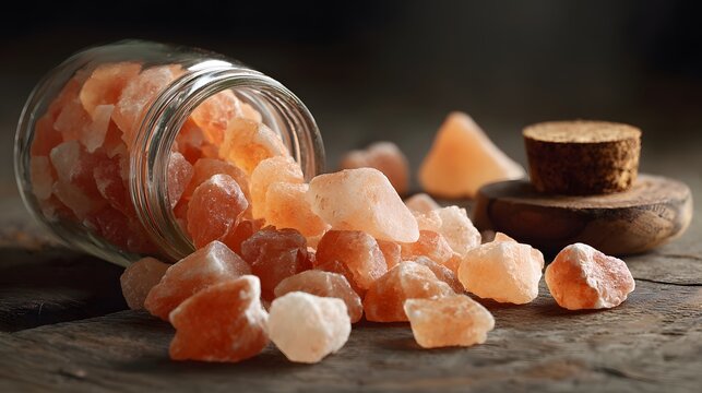Pink Himalayan salt crystals spilled from a glass jar.
