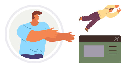 Person in blue shirt extending arms, another figure leaping, and a browser tab with text blocks. Ideal for guidance, online interaction, connection, teamwork, focus, empowerment simple flat metaphor
