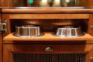 Elegant wooden pet feeding station with stainless steel bowls, showcasing a cozy interior setting