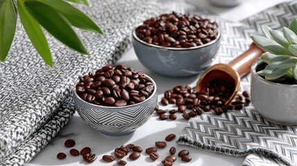 Rustic still life with bowls of roasted coffee beans, green potted succulent plants, decorative textiles, and a small wooden scoop on a white surface