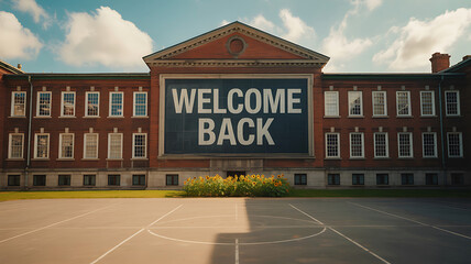 Red brick school building with welcome back sign and basketball court