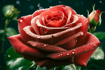 A red rose in full bloom with dewdrops glistening on the petals. The petals are a rich deep red color with a velvety texture that conveys softness and elegance.