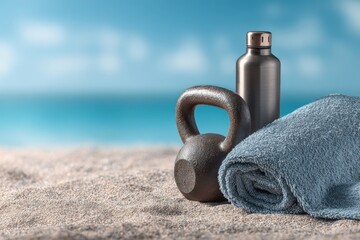 Exercise equipment on sandy beach with water bottle and towel, serene ocean backdrop