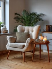 Fototapeta premium scandinavian home modern studio interior, casual clean set with a comfortable armchair and a side table, soft natural ambient light during daytime, warm and cozy atmosphere