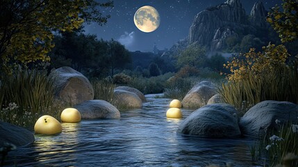 Illuminated stones by a moonlit river.