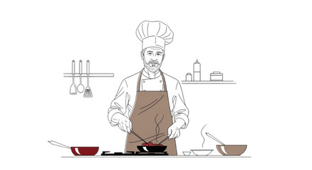 A sketch illustration of a male chef in uniform and apron, focused on cooking in a kitchen with various cooking utensils and ingredients isolated on transparent background