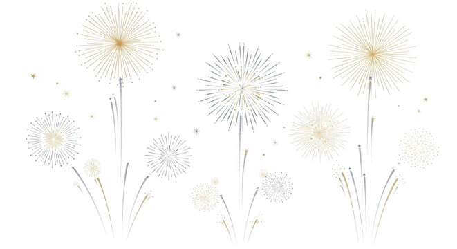 A collection of elegant gold and silver fireworks bursting in a celebratory display against a clean transparent background