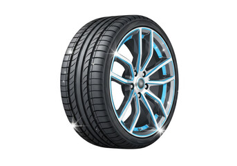 A modern car tire and alloy wheel with blue accents, isolated on a transparent background