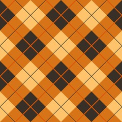 A geometric pattern featuring interlocking diamonds and squares in shades of orange and dark brown creates a classic argyle design. The repetitive arrangement provides a sense of symmetry and depth.