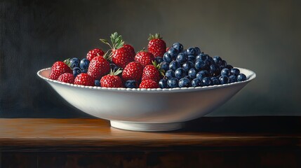 Still life of fresh strawberries and grapes in a white bowl.