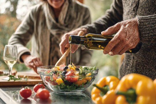 Senior couple preparing a salad, pouring oil (1)