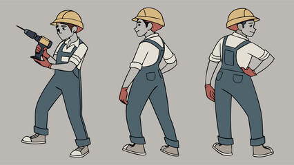 Illustration of a Construction Worker Holding a Power Drill in Three Poses