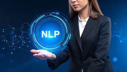 Woman in business attire presenting a futuristic digital NLP interface