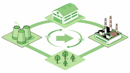 Illustration of a Circular Economy System Featuring Renewable Energy and Nature