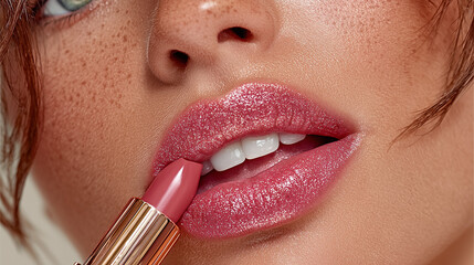 Naklejka premium close-up of lips applying lipstick