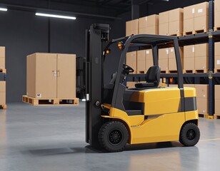 Naklejka premium Yellow forklift lifting a pallet of boxes in a warehouse