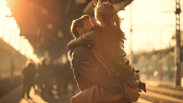 Couple Embraces Passionately at Sunset in a Train Station Generative AI