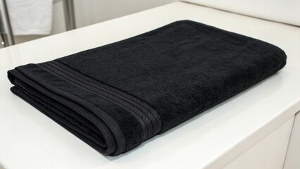 Luxury Black Bath Towel, Folded, Spa Setting, Clean Minimalist Style