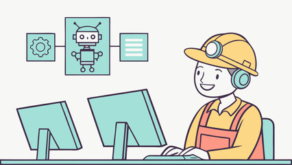 Smiling Worker in Hard Hat Engaging with Robotics Technology at Computer