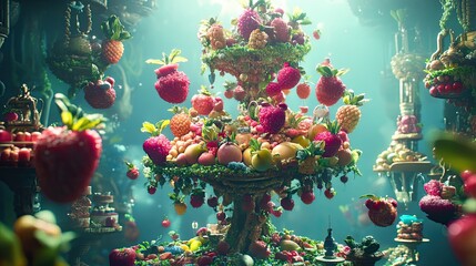 A fantastical, fruit-filled wonderland with tiered displays of desserts and fruits.