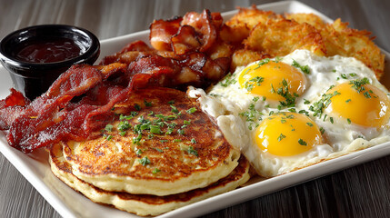 pancakes, eggs, hash browns, & bacon on a plate