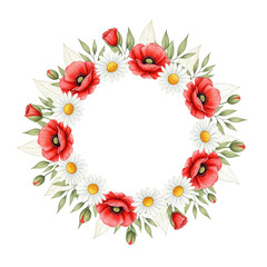 Obraz premium Watercolor Floral Wreath with Red Poppies and White Daisies