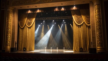 Empty Theater Stage: Golden Curtains, Dramatic Spotlights, Elegant Ambiance