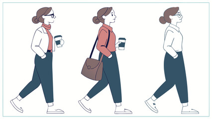 Stylized Illustration of a Confident Woman Walking with Coffee in Urban Setting