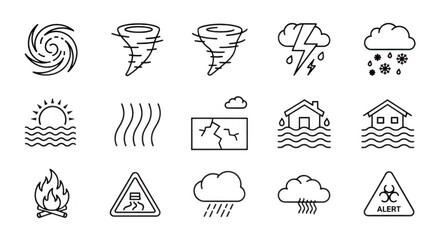 A collection of line icons representing various natural disasters and weather phenomena, including storms, floods, fires, and hazards isolated on transparent background
