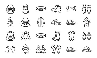 Outline Icon Set of Clothing and Accessories for Men, Women, and Children – Fashion Apparel Collection Including Shoes, Hats, Bags, Belts, and More – Minimal Line Art Style for Web, App, and Print Us