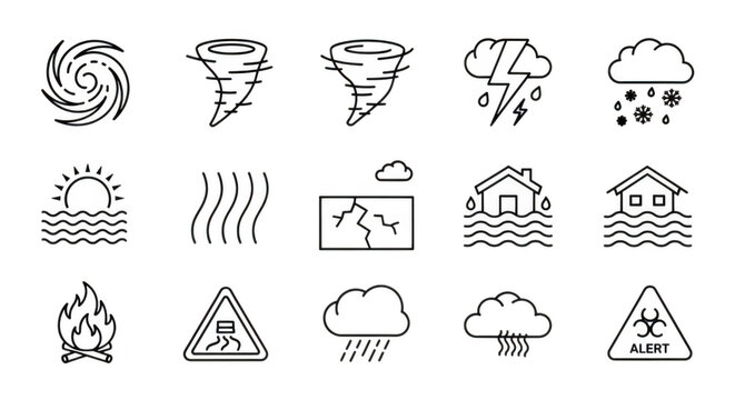 A collection of line icons representing various natural disasters and weather phenomena, including storms, floods, fires, and hazards isolated on transparent background