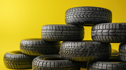 Obraz premium black tires pile on yellow background